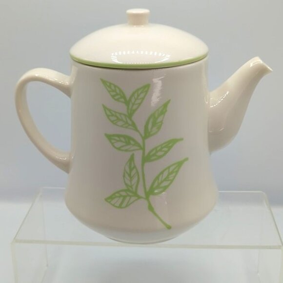 Vintage Starbucks Tazo Teapot Ceramic White Botanical Green Leaf 38 oz. - Picture 3 of 8